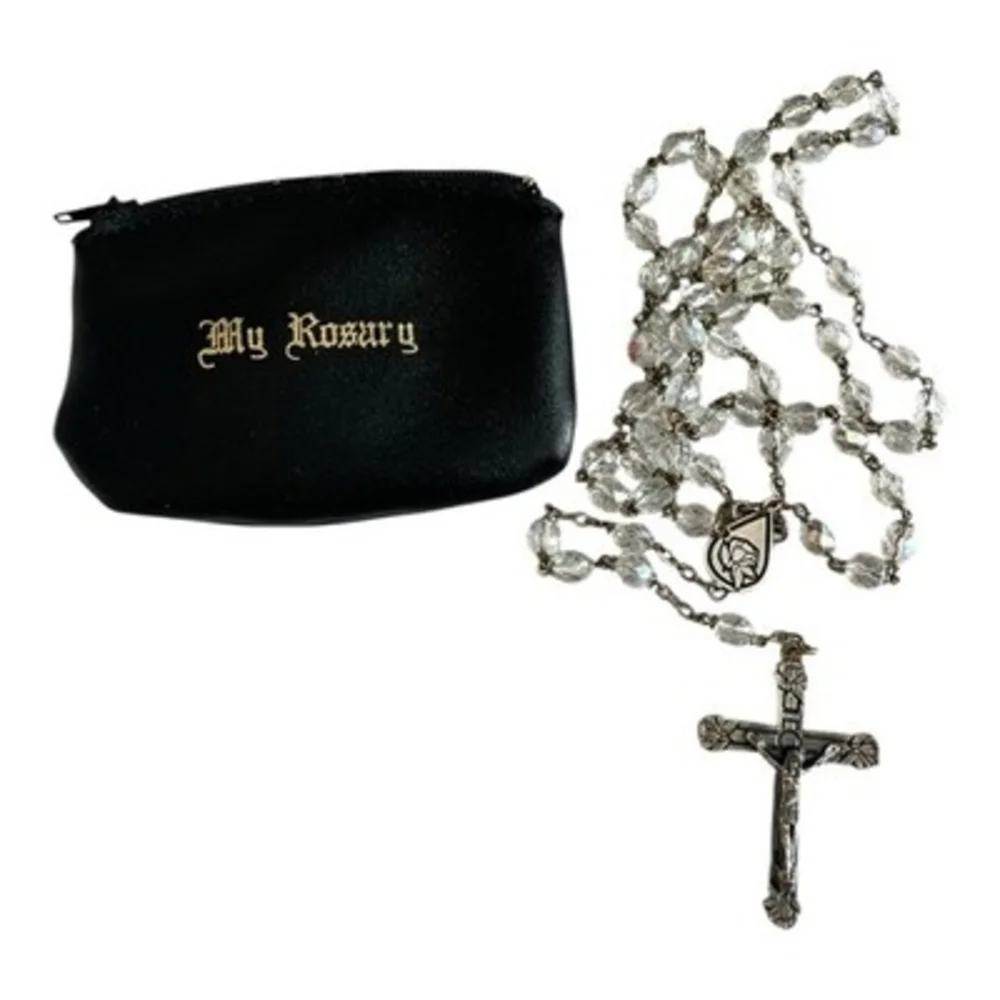 Catholic Clear Bead Rosary Necklace Silver Miraculous Medal Crusifix Cross NIP